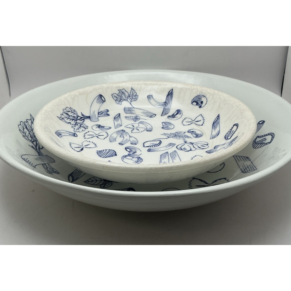 Vintage Tre Ci Himark 5-Pc Pasta Bowl Set Italy Blue Motif 1-12" & 4-8" Crazing